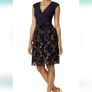 SLNY Navy & Gold Fit & Flare Cocktail Party Dress Size 12